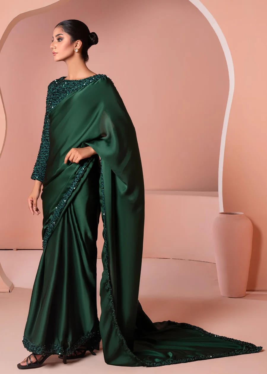 INDIAN SEQUENCE SAREE [GREEN  STITCHED]